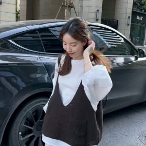 Early Autumn Puff Sleeve Shirt Dress and V-Neck Knit Vest Two-Piece Set