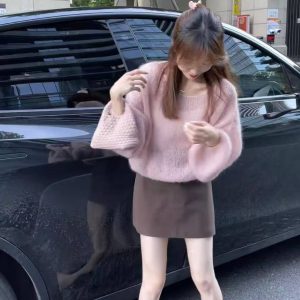 Soft Mohair Lantern Sleeve Off-Shoulder Cropped Knit Top and Slimming High Waist A-Line Skirt Two-Piece Set