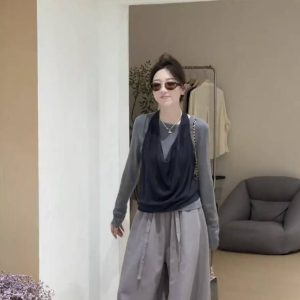Women's Three-Piece Fashion Set with Two-Piece Top Design and Slimming Wide-Leg Pants