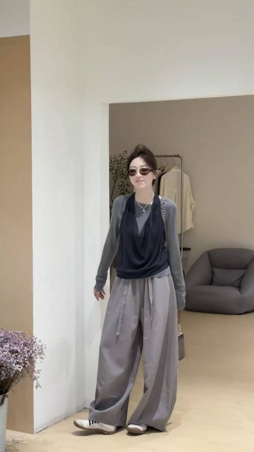 Women's Three-Piece Fashion Set with Two-Piece Top Design and Slimming Wide-Leg Pants