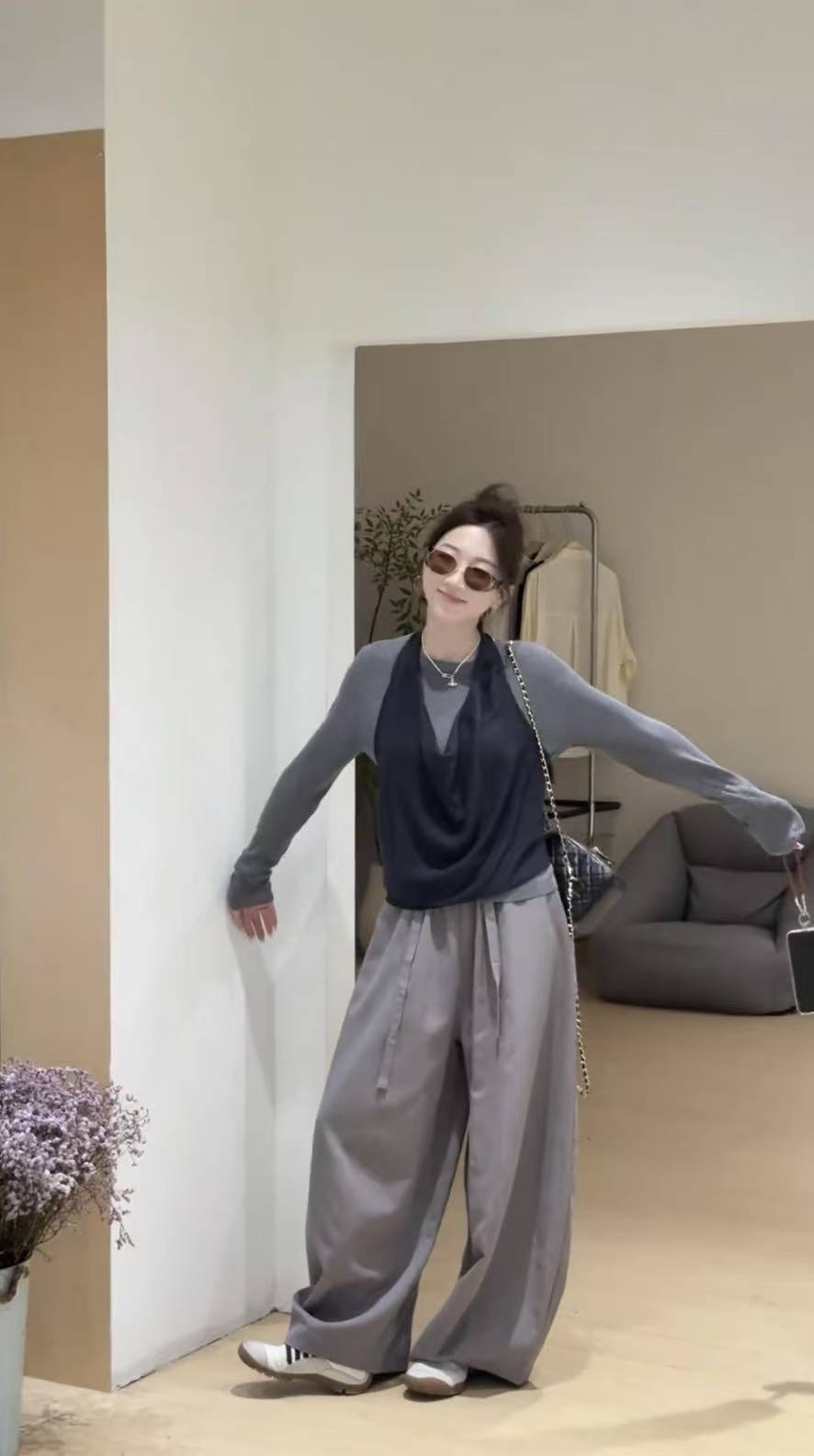 Women's Three-Piece Fashion Set with Two-Piece Top Design and Slimming Wide-Leg Pants - Image 2