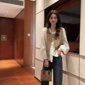 Women's 3-Piece Lace Trim Shirt Vest and Straight Pants Set for Early Autumn