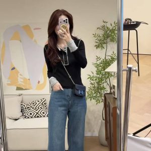 Korean Style Color Block Stretch Slimming T-Shirt and Straight Pants Two-Piece Set for Women