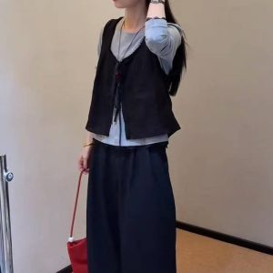 Women's Lace Patchwork Top and Ruffled Tie Vest with Lace Straight Wide-Leg Pants Three-Piece Set