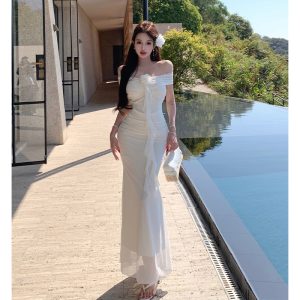 French Sweet Mesh Bodycon Dress Women One-Shoulder High Waist Long Dress
