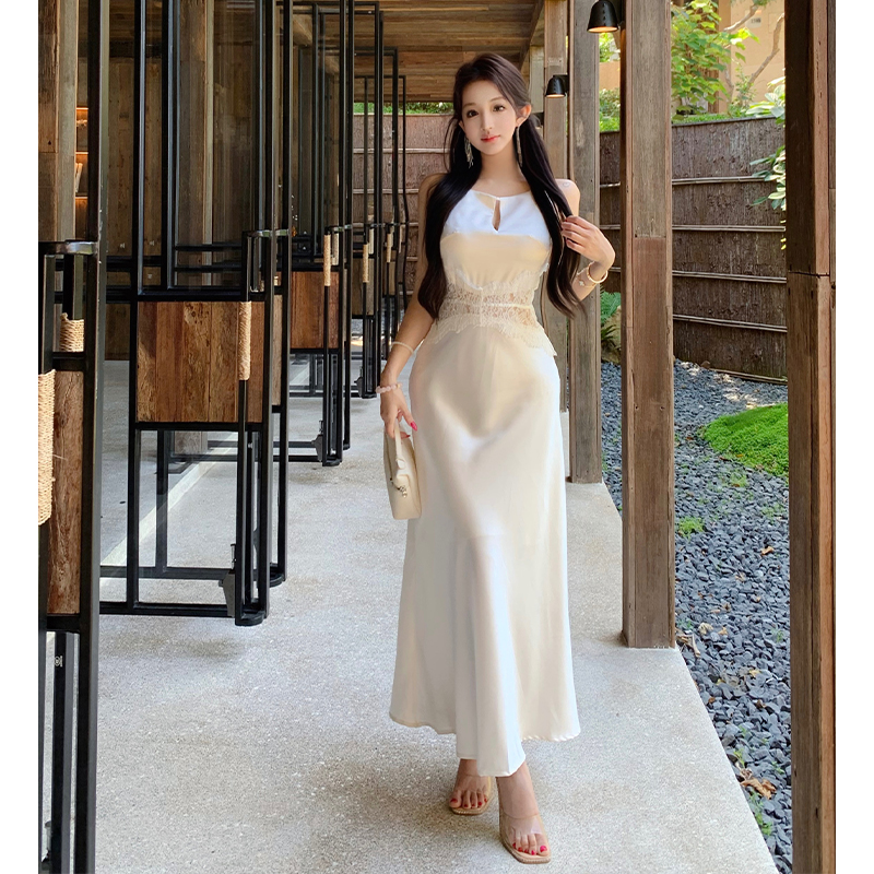 2026 Summer New High-End Sleeveless Spaghetti Strap Dress Women Satin Lace Patchwork Elegant Mermaid Long Dress Trendy