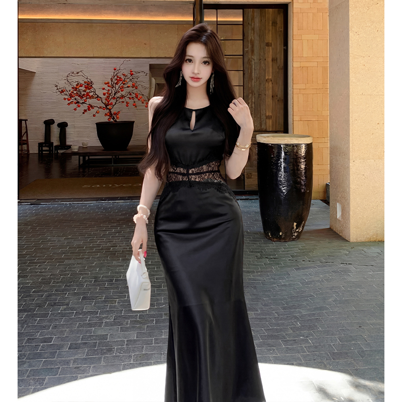 2026 Summer New High-End Sleeveless Spaghetti Strap Dress Women Satin Lace Patchwork Elegant Mermaid Long Dress Trendy - Image 2