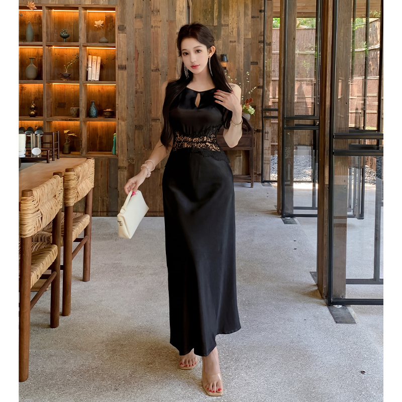 2026 Summer New High-End Sleeveless Spaghetti Strap Dress Women Satin Lace Patchwork Elegant Mermaid Long Dress Trendy - Image 4