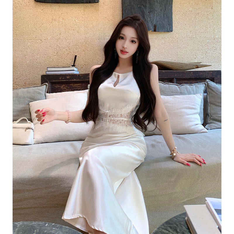 2026 Summer New High-End Sleeveless Spaghetti Strap Dress Women Satin Lace Patchwork Elegant Mermaid Long Dress Trendy - Image 5