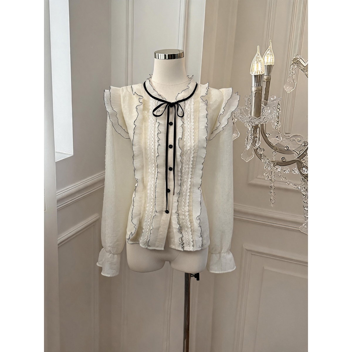 French Lace Spliced Bow Tie Loose Top - Image 5