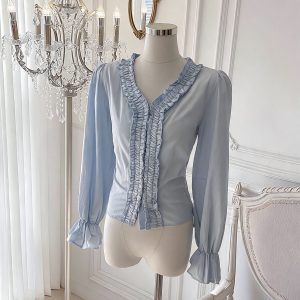 French Style Ruffle V-Neck Pure Cotton Long Sleeve Shirt Women's Waist-Cinched Top