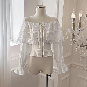 Embroidered One-Shoulder Flare Sleeve Zip-Up Cropped Shirt