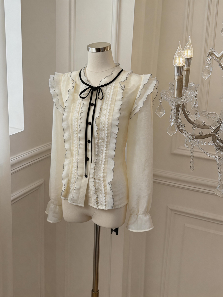 French Lace Spliced Bow Tie Loose Top - Image 2