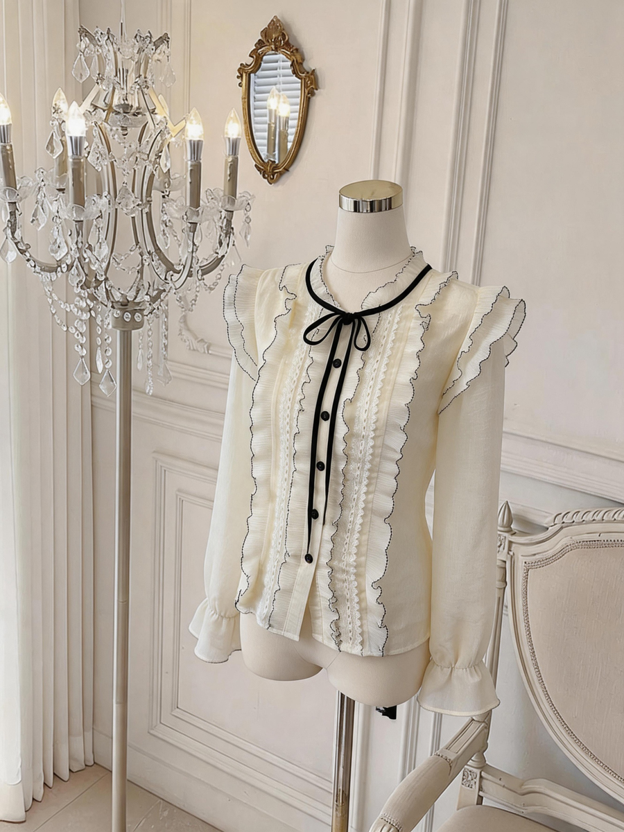 French Lace Spliced Bow Tie Loose Top - Image 4
