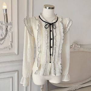 French Lace Spliced Bow Tie Loose Top