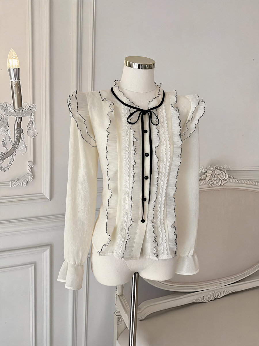 French Lace Spliced Bow Tie Loose Top