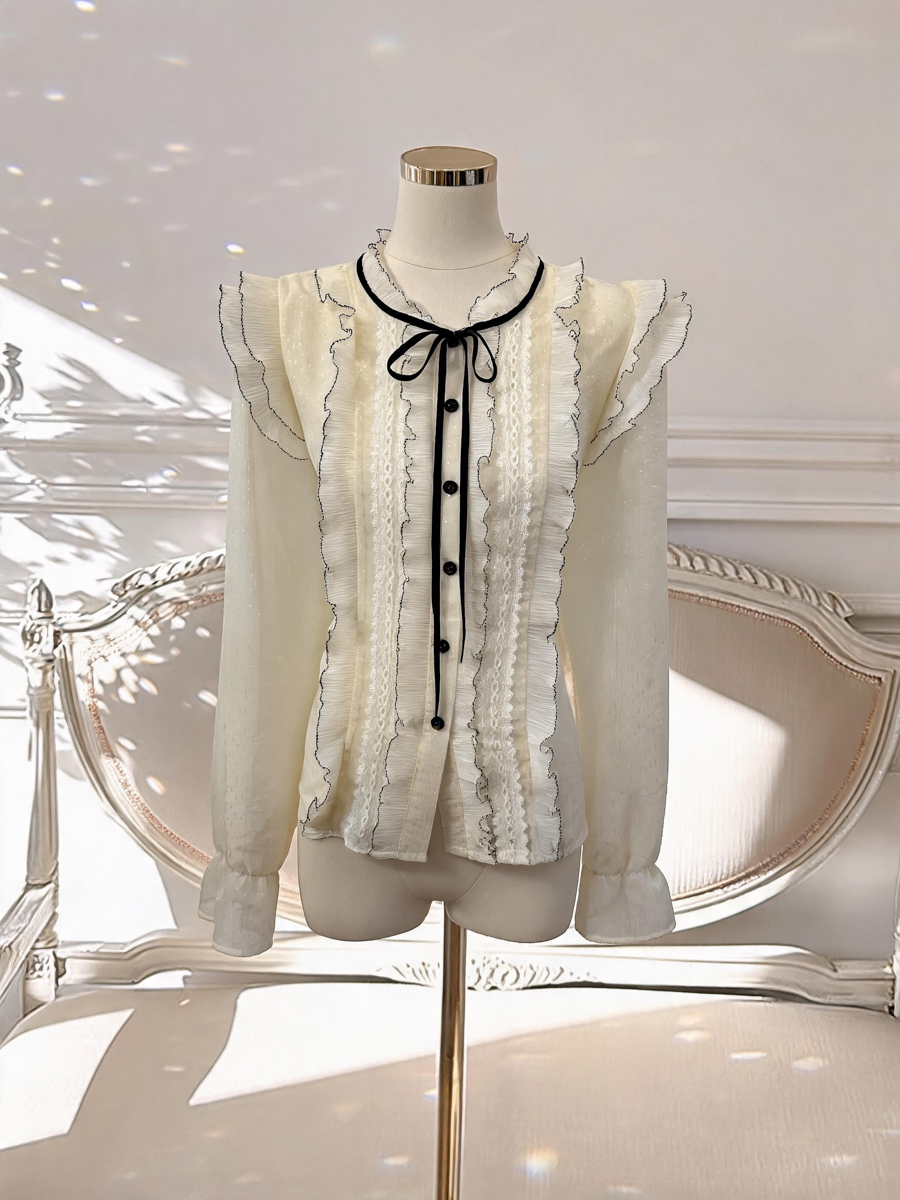 French Lace Spliced Bow Tie Loose Top - Image 3