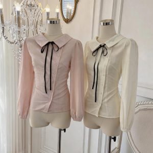Women's Preppy Tie-Front Doll Collar Shirt Long Sleeve Loose Fit