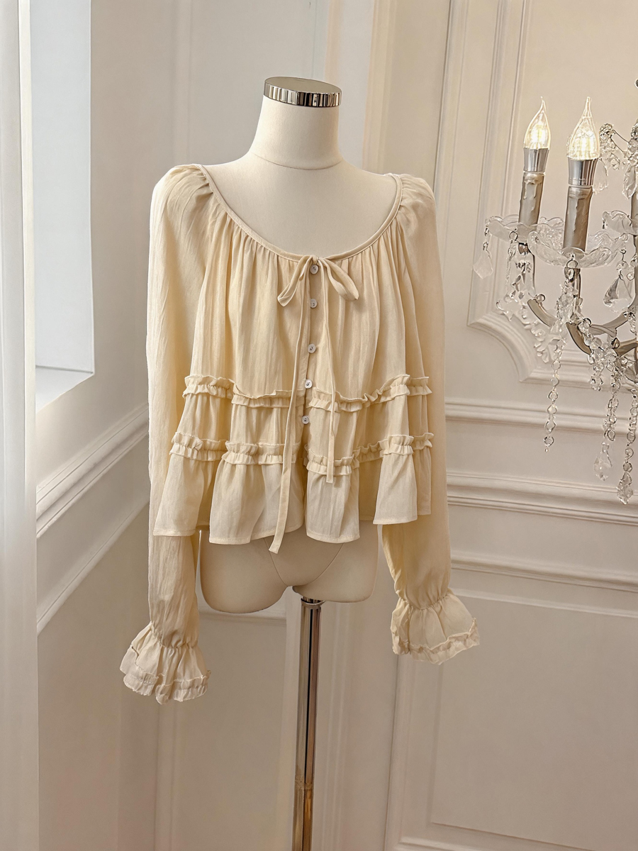 French Style Ruffle Trim Round Neck Tie Long Sleeve Blouse for Women Autumn Doll Shirt - Style 367738 - Image 4
