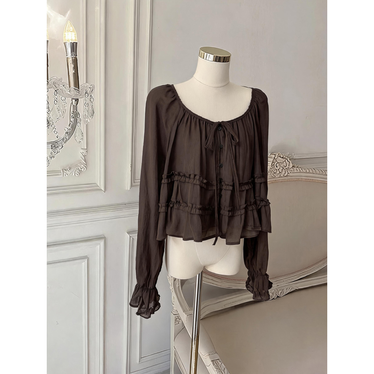 French Style Ruffle Trim Round Neck Tie Long Sleeve Blouse for Women Autumn Doll Shirt - Style 367738 - Image 5