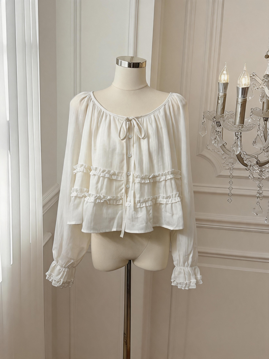 French Style Ruffle Trim Round Neck Tie Long Sleeve Blouse for Women Autumn Doll Shirt - Style 367738 - Image 2