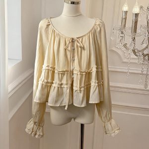 French Style Ruffle Trim Round Neck Tie Long Sleeve Blouse for Women Autumn Doll Shirt - Style 367738
