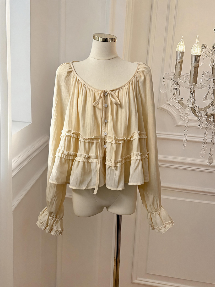 French Style Ruffle Trim Round Neck Tie Long Sleeve Blouse for Women Autumn Doll Shirt - Style 367738