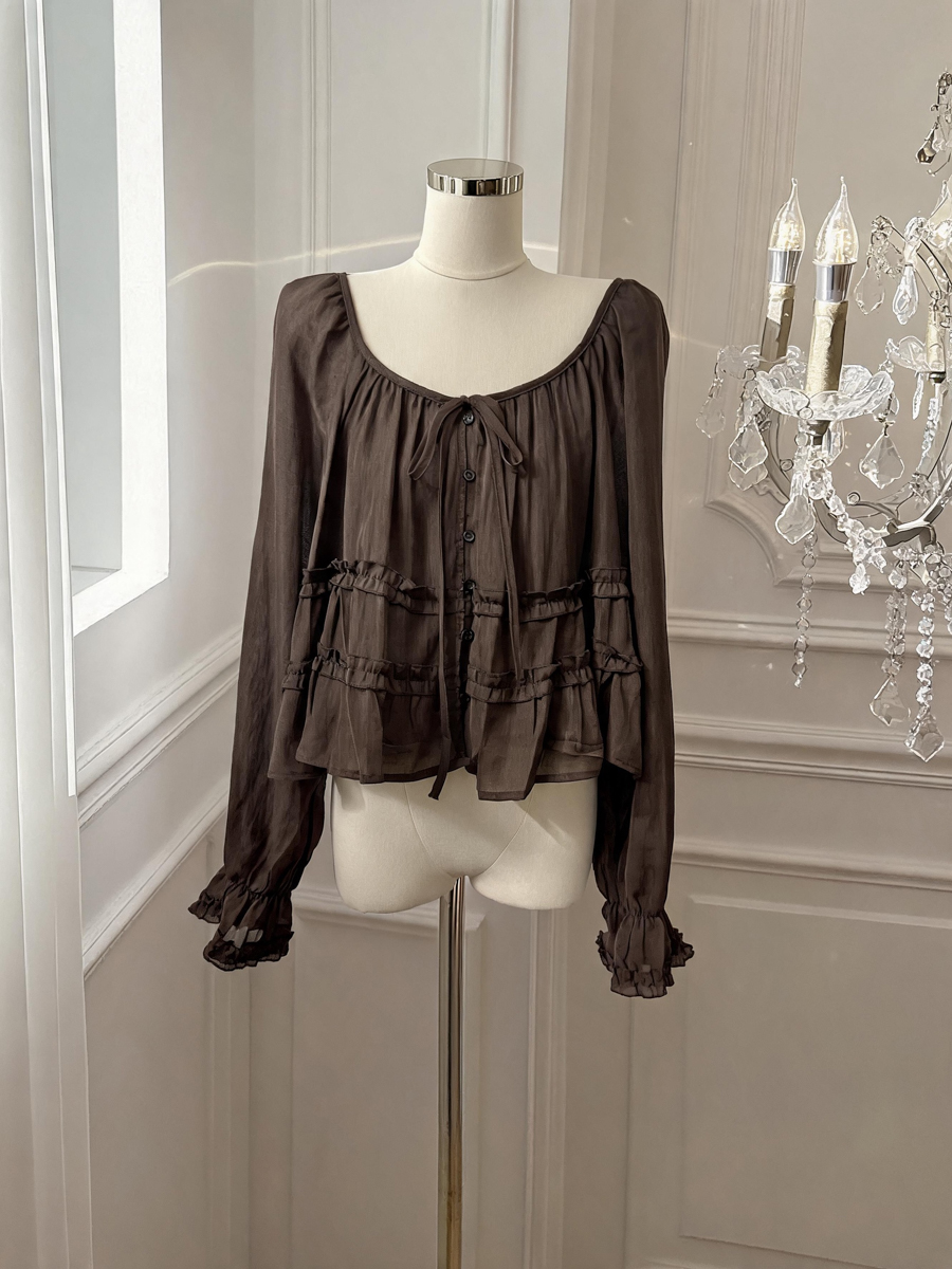 French Style Ruffle Trim Round Neck Tie Long Sleeve Blouse for Women Autumn Doll Shirt - Style 367738 - Image 3