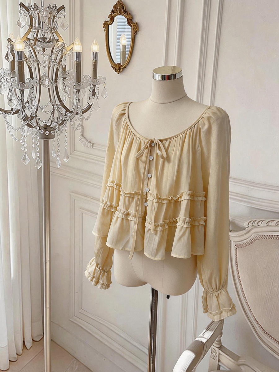 French Style Ruffle Trim Round Neck Tie Long Sleeve Women's Shirt Fall Doll Top - Image 3