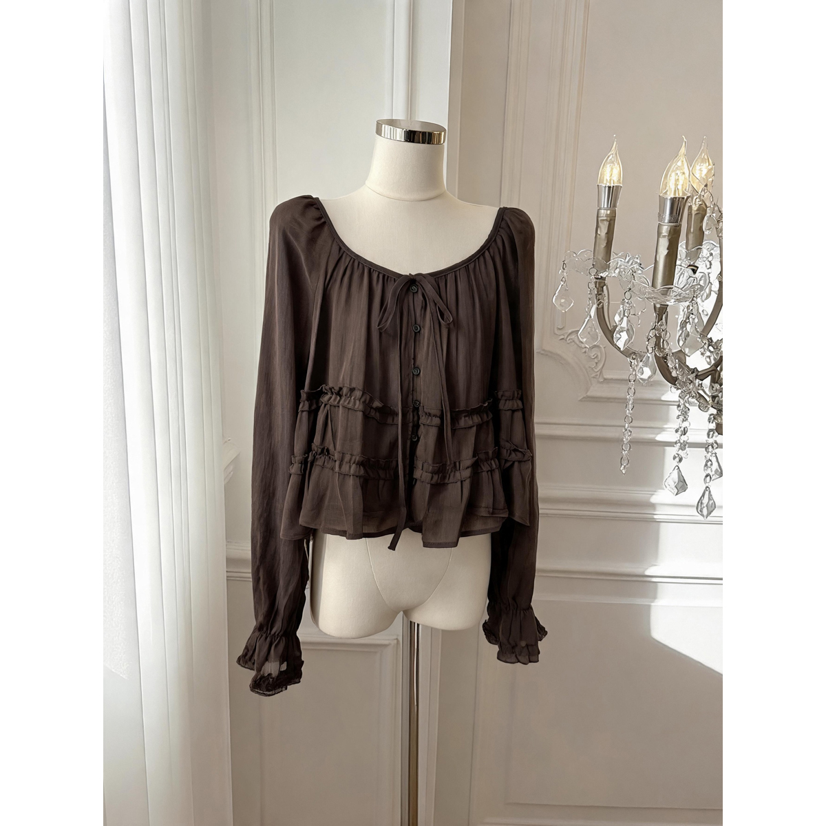 French Style Ruffle Trim Round Neck Tie Long Sleeve Women's Shirt Fall Doll Top - Image 5