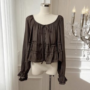 French Style Ruffle Trim Round Neck Tie Long Sleeve Women's Shirt Fall Doll Top