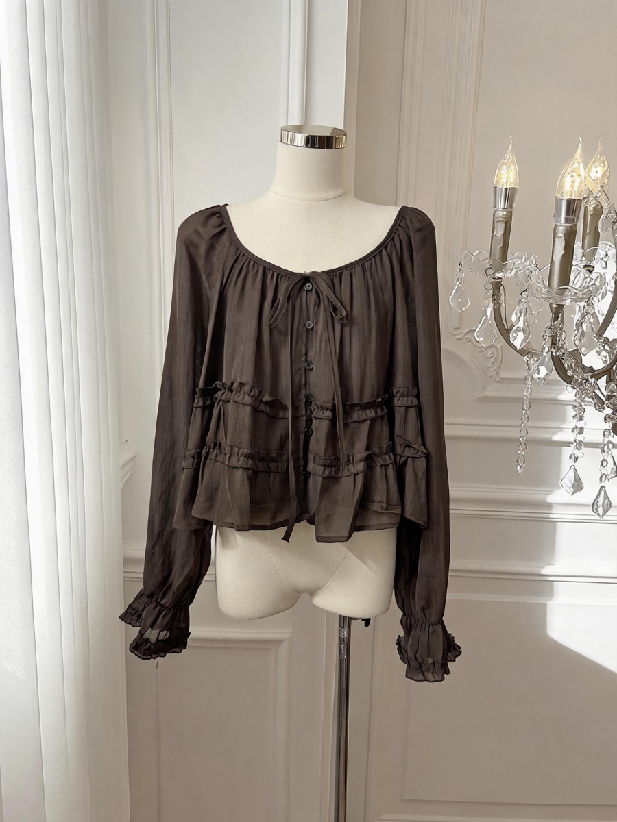 French Style Ruffle Trim Round Neck Tie Long Sleeve Women's Shirt Fall Doll Top