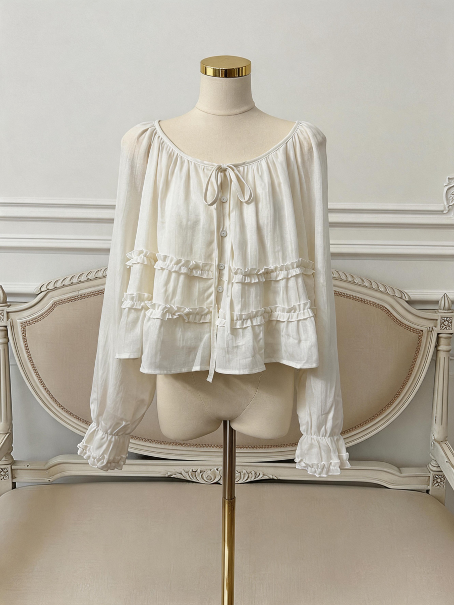 French Style Ruffle Trim Round Neck Tie Long Sleeve Women's Shirt Fall Doll Top - Image 4
