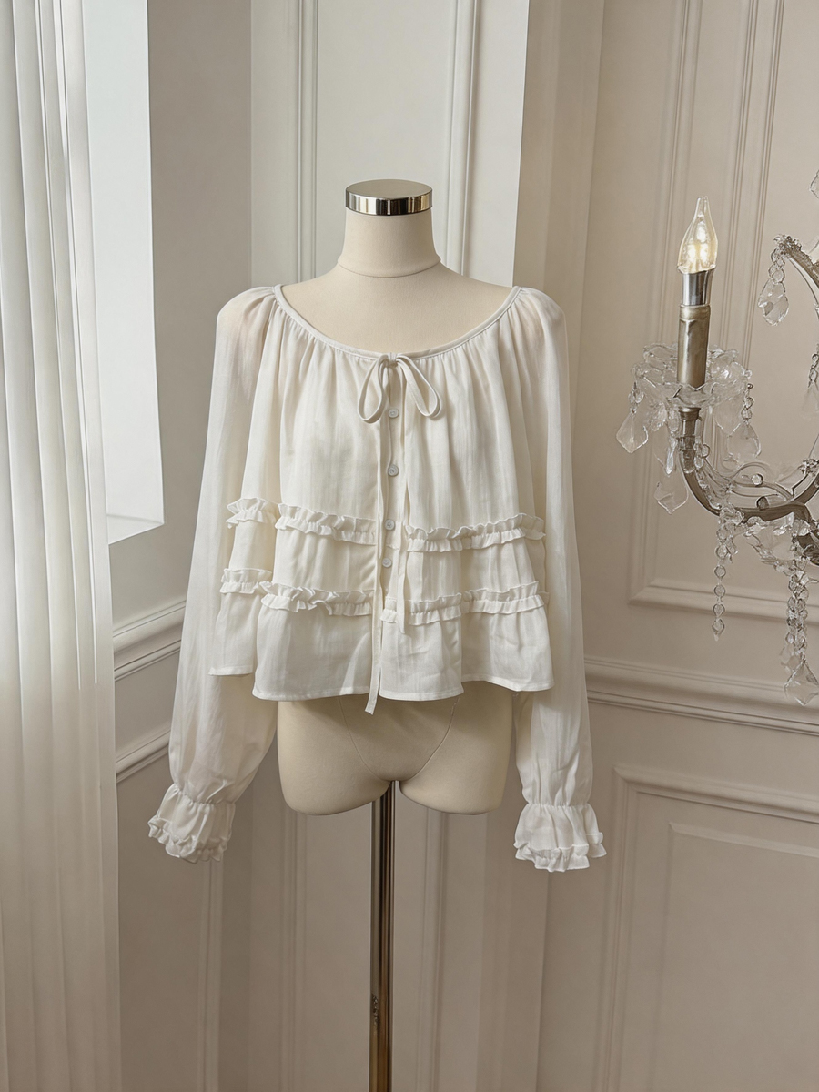 French Style Ruffle Trim Round Neck Tie Long Sleeve Women's Shirt Fall Doll Top - Image 2