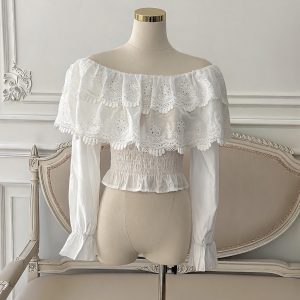 French Off-Shoulder Ruffle Collar Puff Sleeve Embroidered Short Blouse - Style 369251