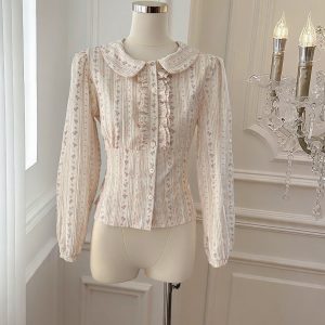 2026 Autumn Korean Style Floral Doll Collar Ruffle Waist Shirt