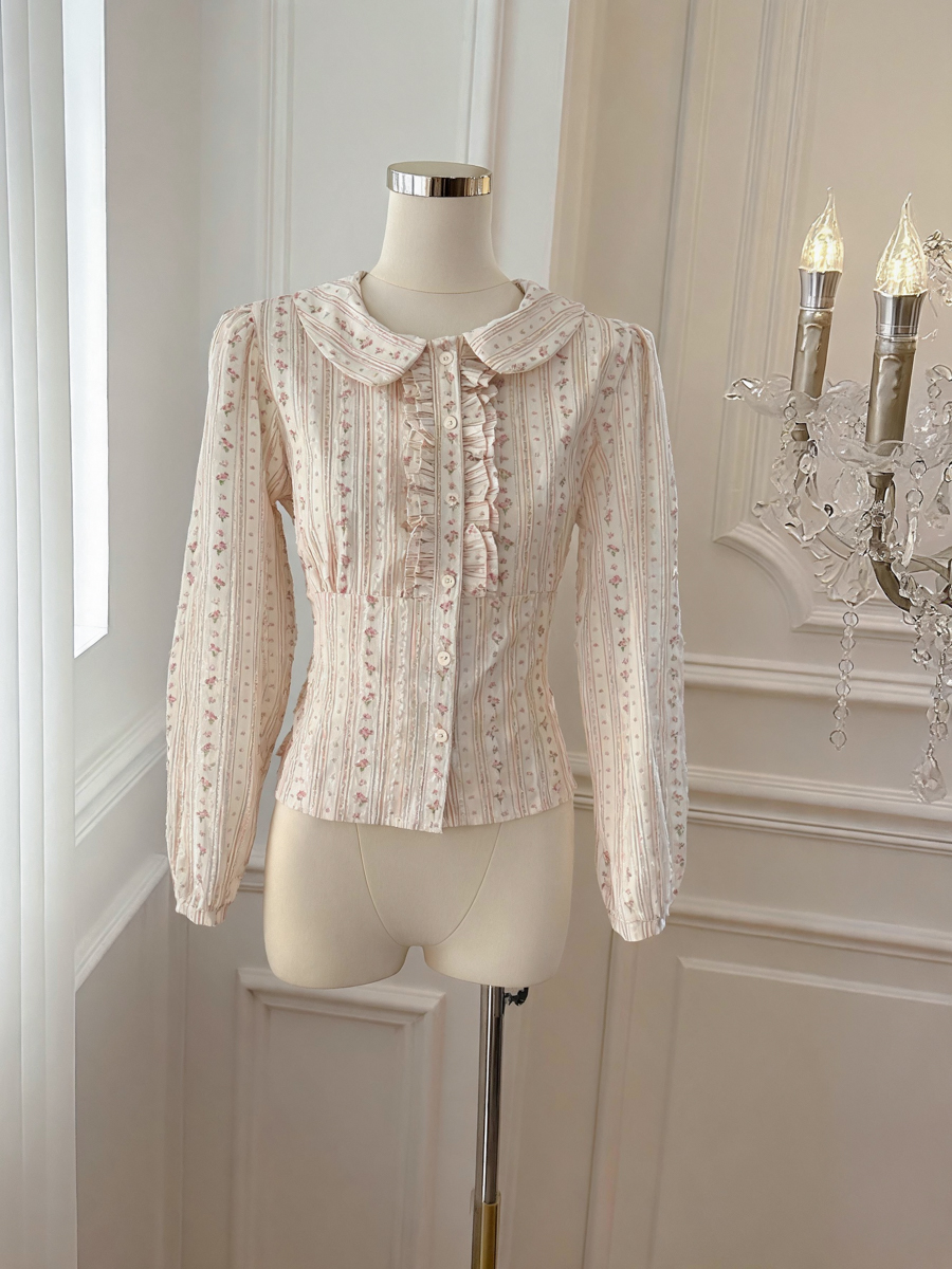 2026 Autumn Korean Style Floral Doll Collar Ruffle Waist Shirt