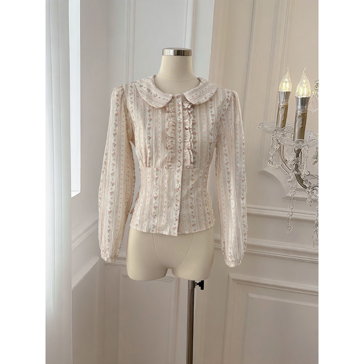 2026 Autumn Korean Style Floral Doll Collar Ruffle Waist Shirt - Image 5