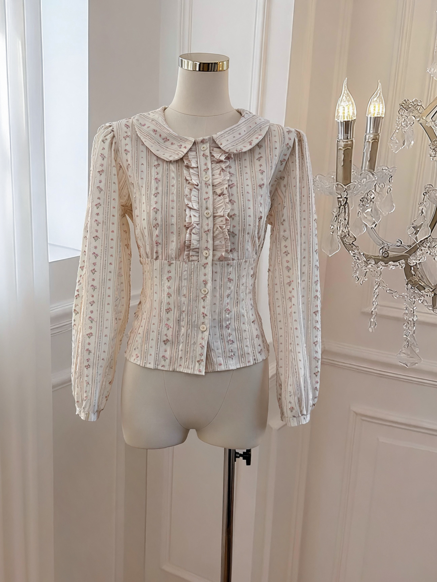 2026 Autumn Korean Style Floral Doll Collar Ruffle Waist Shirt - Image 2