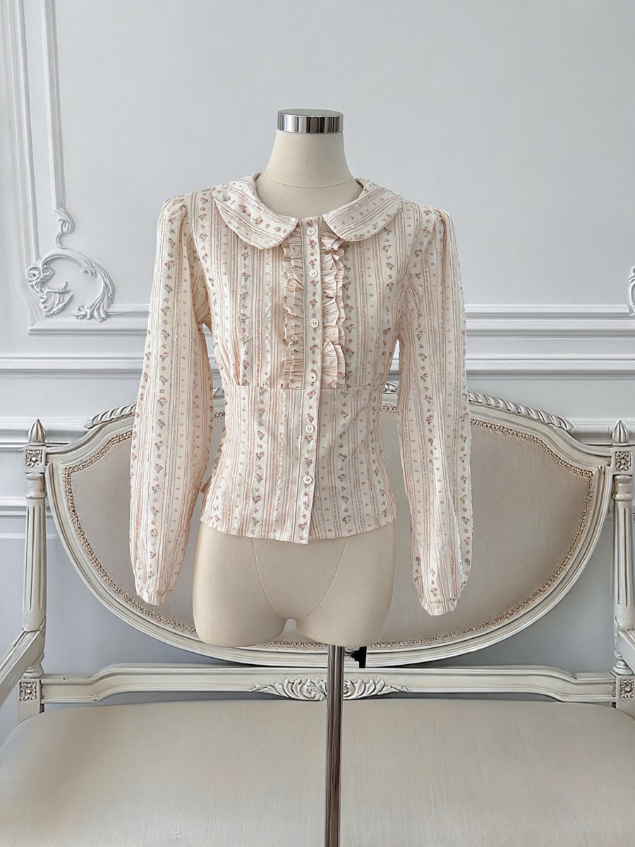 2026 Autumn Korean Style Floral Doll Collar Ruffle Waist Shirt - Image 4