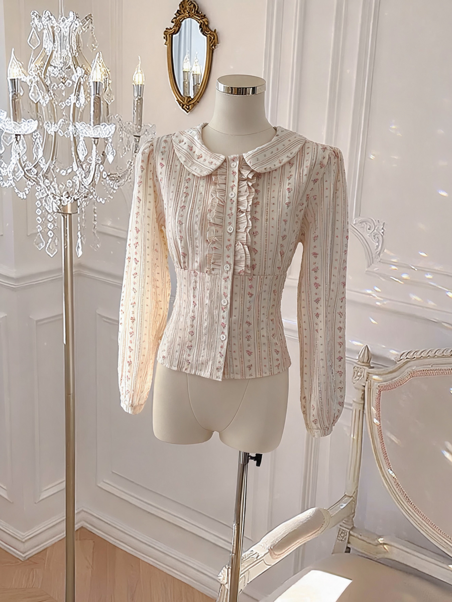 2026 Autumn Korean Style Floral Doll Collar Ruffle Waist Shirt - Image 3