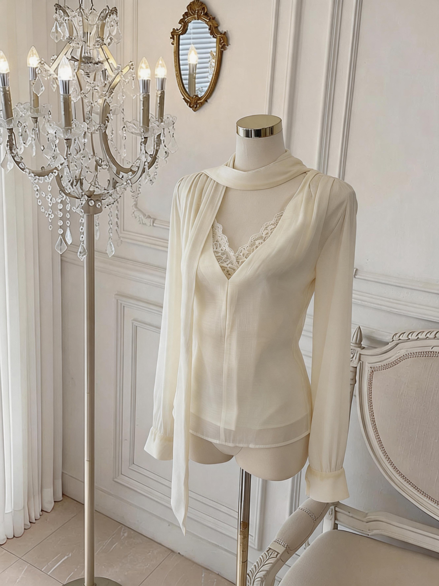 Korean Style Lace Panel Pullover Top with Ribbon - Image 4