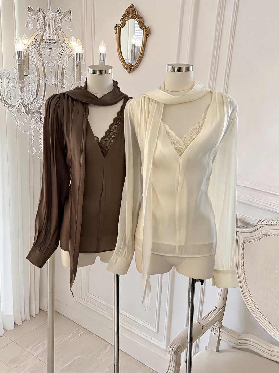 Korean Style Lace Panel Pullover Top with Ribbon