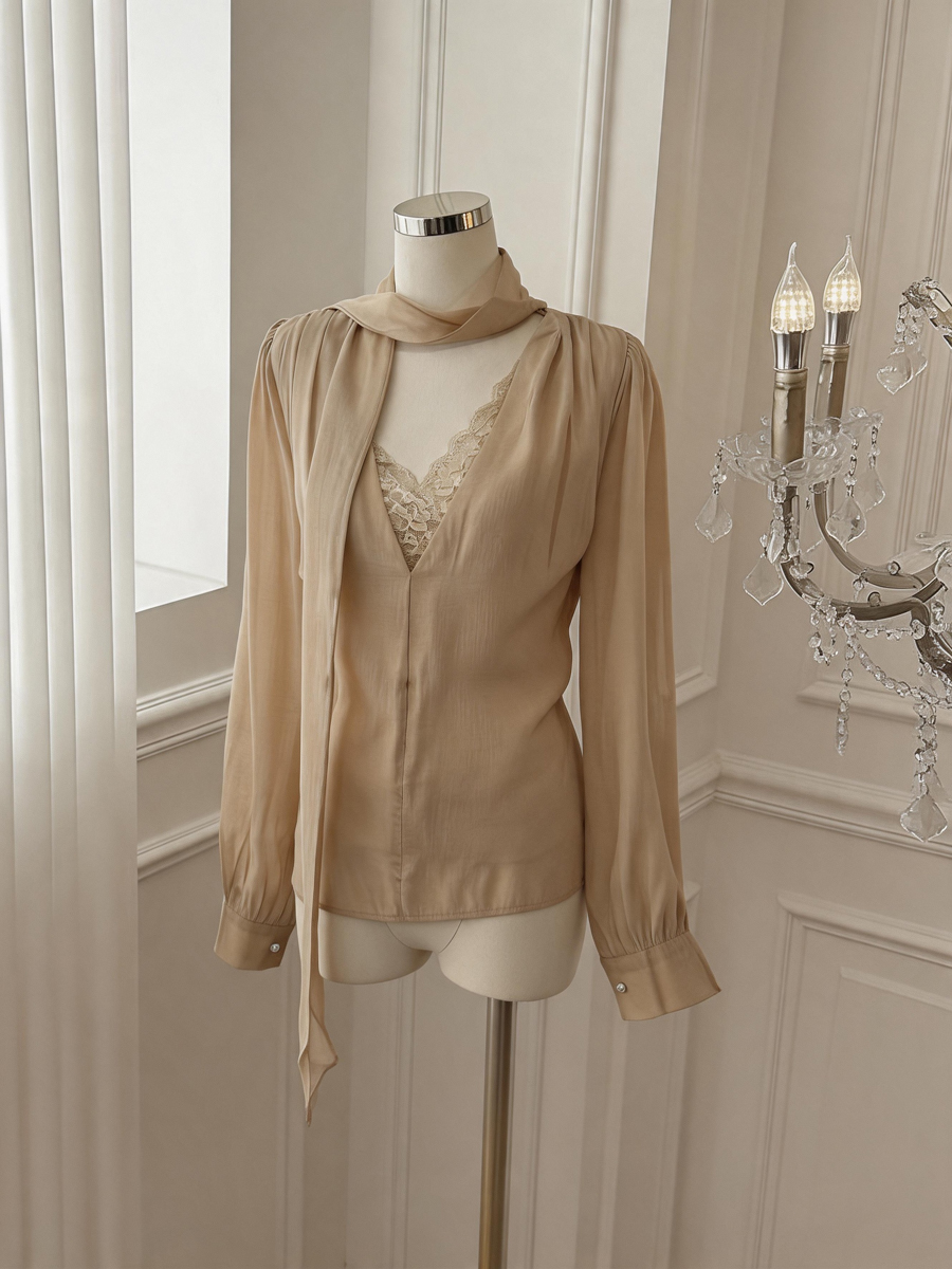 Korean Style Lace Panel Pullover Top with Ribbon - Image 3