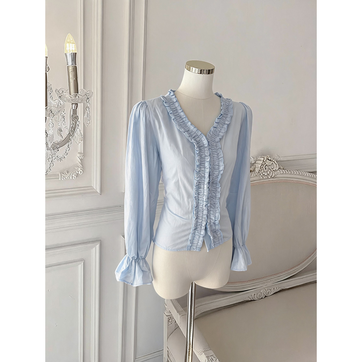 French Ruffle V-Neck Pure Cotton Long Sleeve Shirt Women's Fall Waist-Cinched Top - Image 5