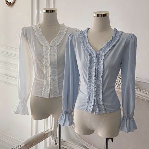 French Ruffle V-Neck Pure Cotton Long Sleeve Shirt Women's Fall Waist-Cinched Top