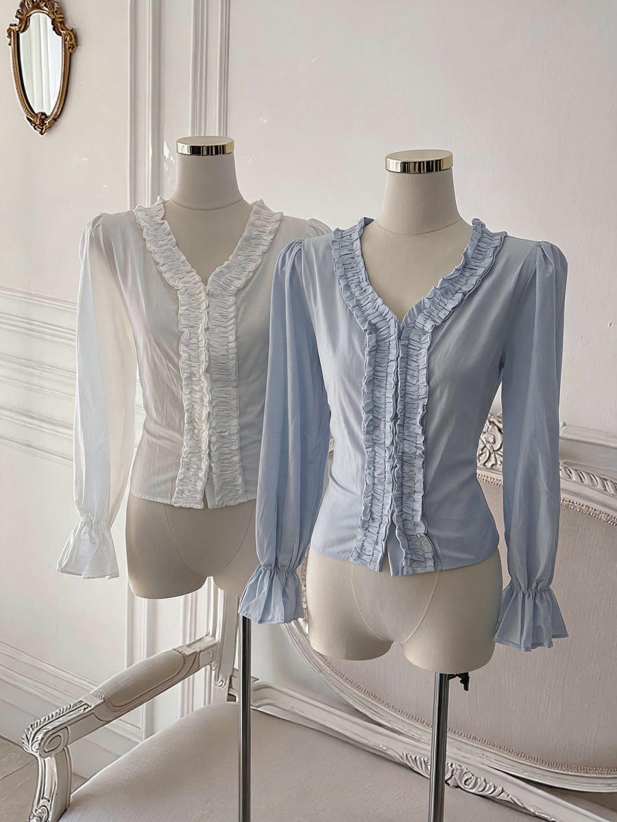 French Ruffle V-Neck Pure Cotton Long Sleeve Shirt Women's Fall Waist-Cinched Top