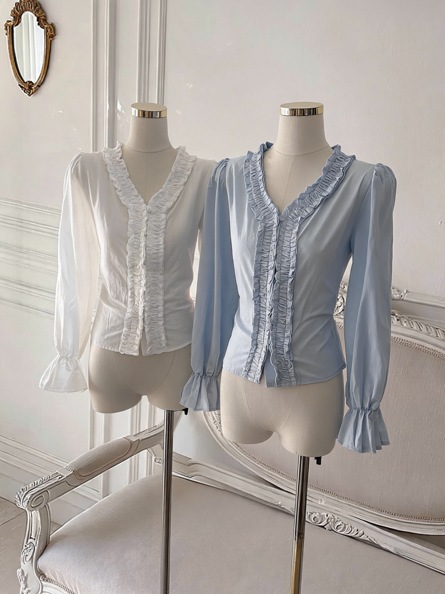 French Ruffle V-Neck Pure Cotton Long Sleeve Shirt Women's Fall Waist-Cinched Top - Image 3