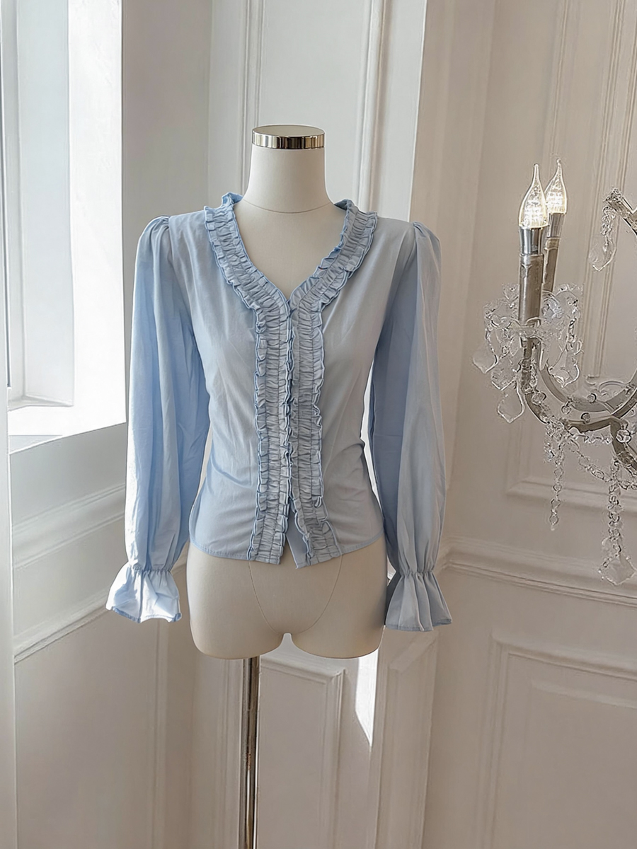 French Ruffle V-Neck Pure Cotton Long Sleeve Shirt Women's Fall Waist-Cinched Top - Image 4