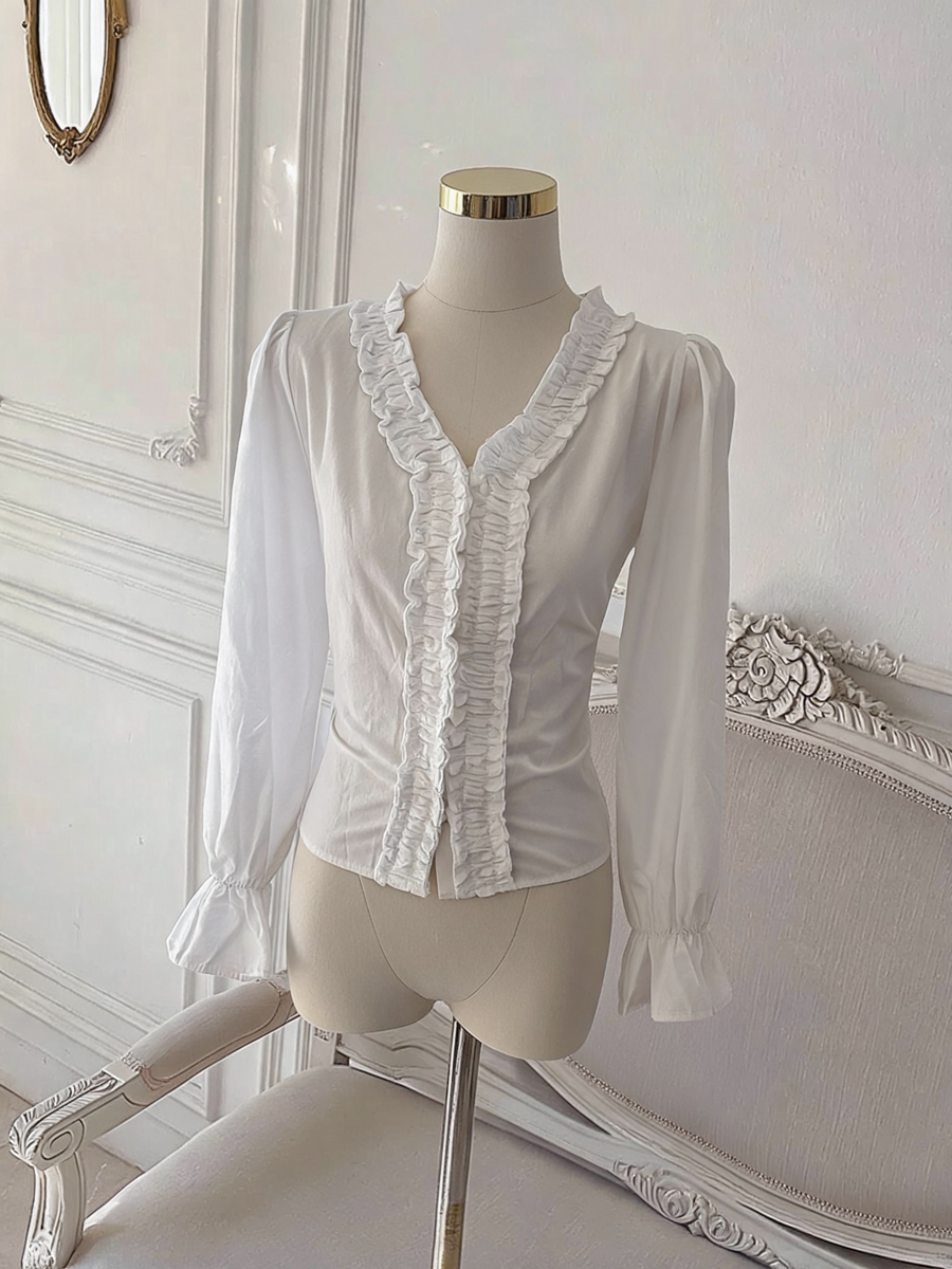 French Ruffle V-Neck Pure Cotton Long Sleeve Shirt Women's Fall Waist-Cinched Top - Image 2